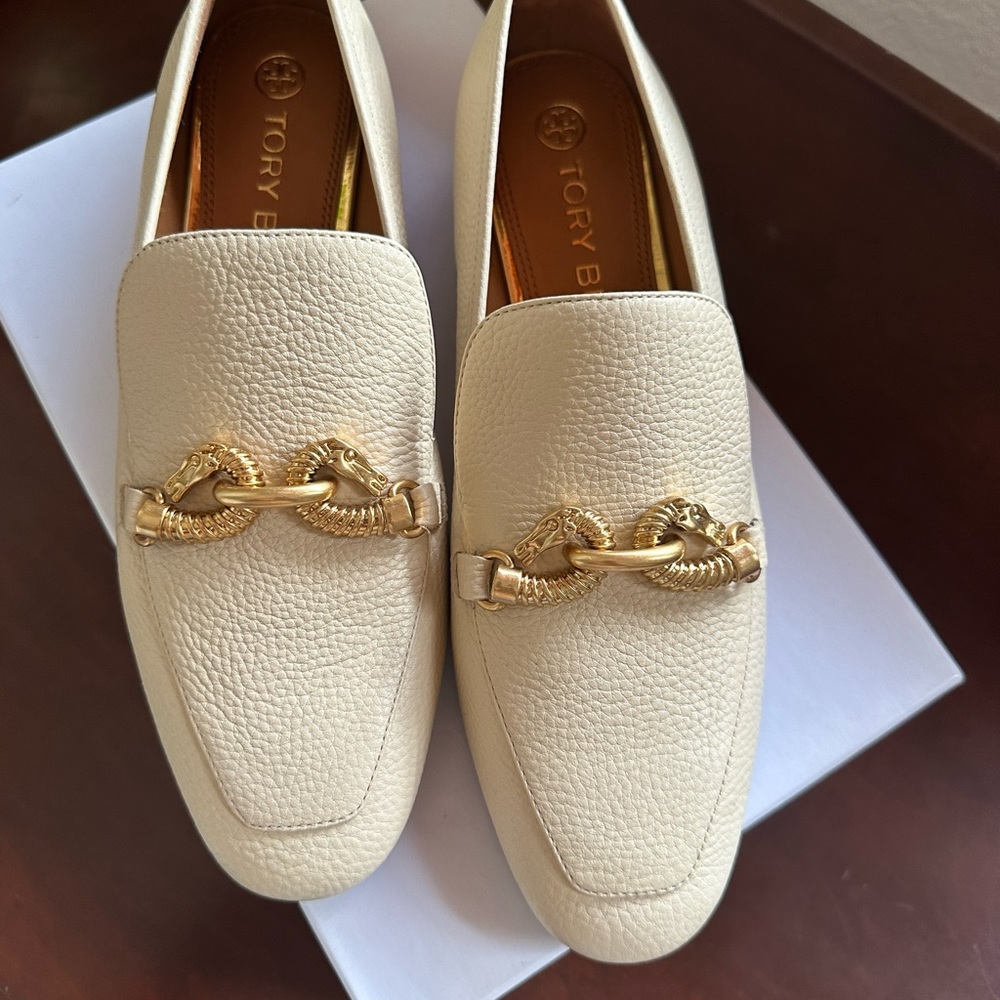 Tory Burch off white beige cream color Jessa gold brushed brass leather Loafer